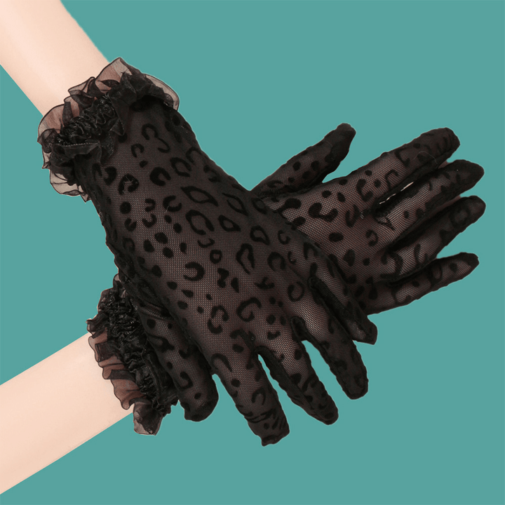 Women Polyester Cotton Lace Leopard Pattern Sunshade Breathable Short Full Finger Gloves