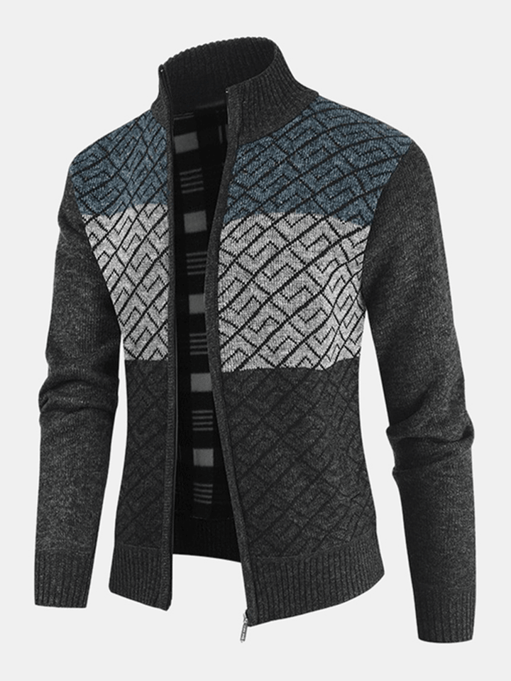 Mens Knitting Graphics Zipper Colorblock Warm Long Sleeve Sweater Jacket