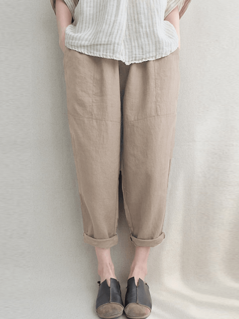 Women Vintage High Elastic Waist Solid Loose Cotton Harem Pants