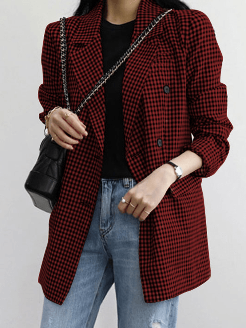 Women Plaid Casual Full Sleeve Knee Length Retro Business Unlined Suits