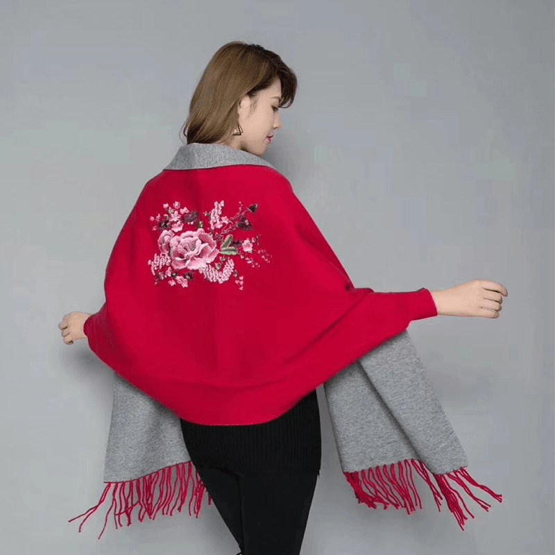 Sleeve Shawl Scarf Dual Purpose Solid Color Fringe Winter