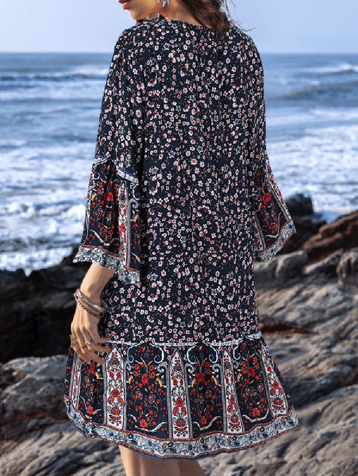 Ethnic Floral Print O-Neck 3/4 Sleeve Ruffles Hem Bohemian Holiday Mini Dress