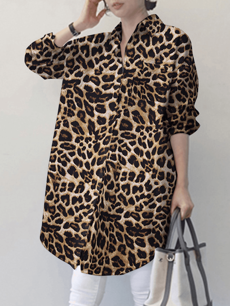 Women Spliced Leopard Printed Side Fork Turn-Down-Collar Button Knee Length Casual Shirts