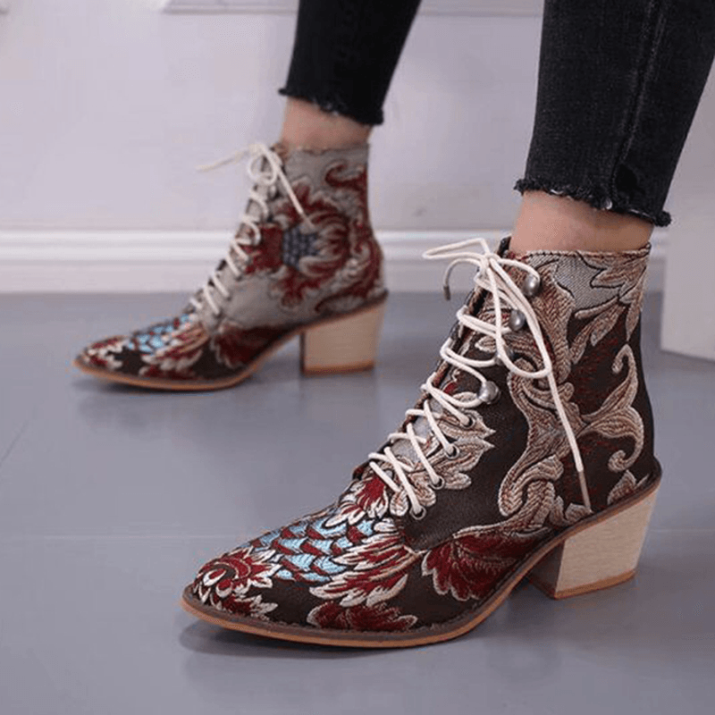 Women Pointed Toe Embroideried Lace up Block Boots