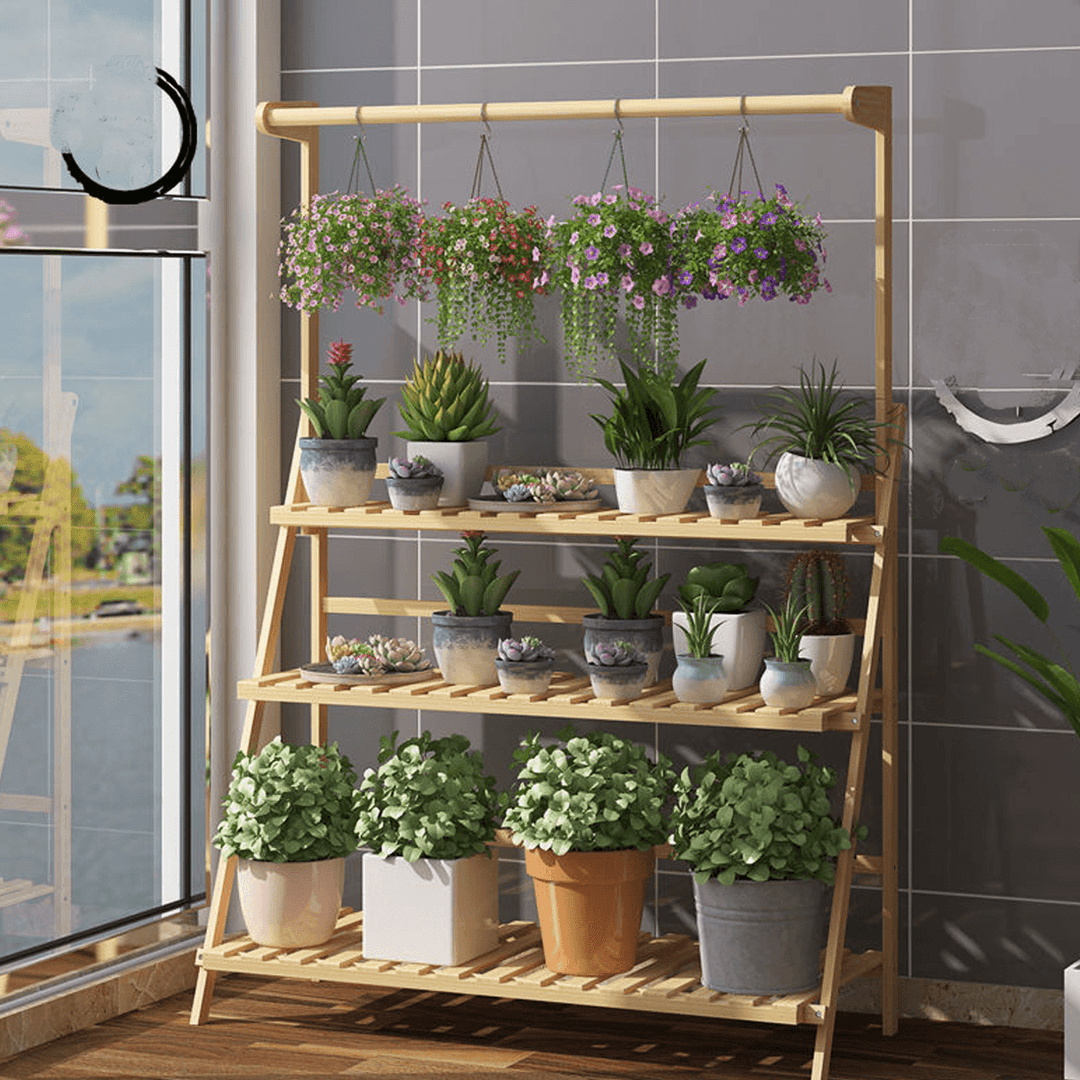 Bamboo Hanging Plant Stand Shelves Flower Pot Storage Organizer Rack