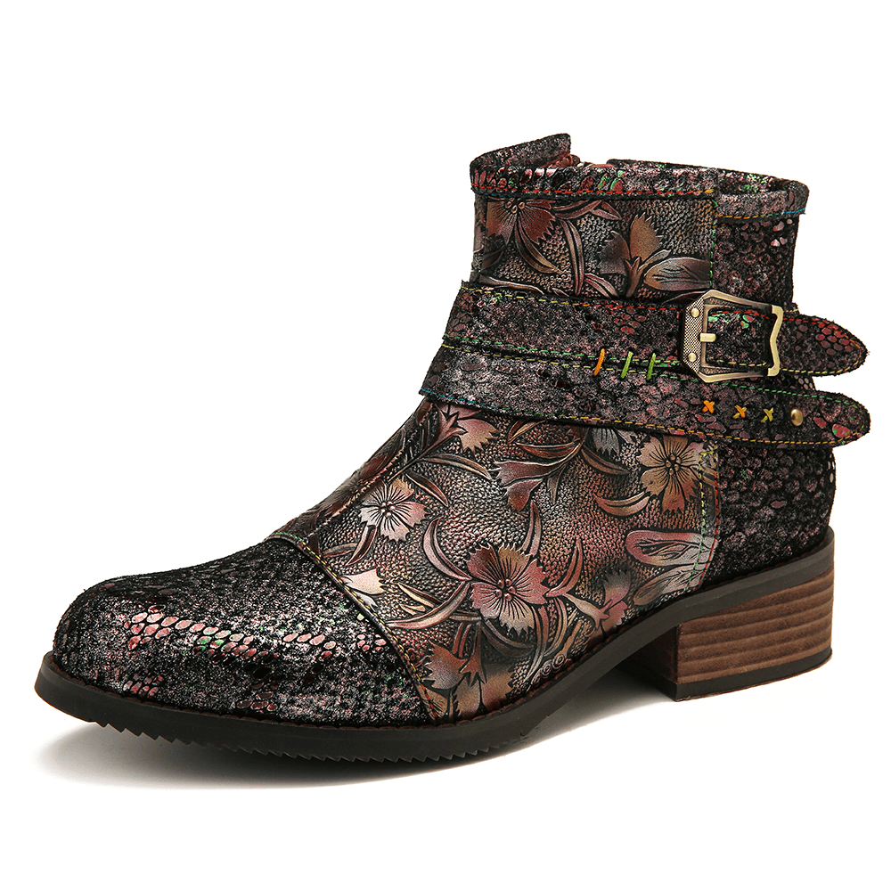 Women Embossed Stitching Metal Zipper Ankle Boots - MRSLM