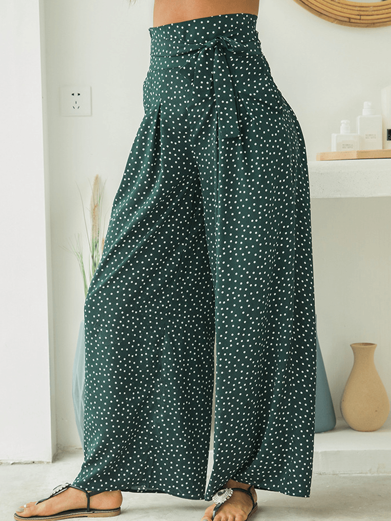 Casual Polka Dot Print High Waist Bow Wide Pants with Pocket - MRSLM