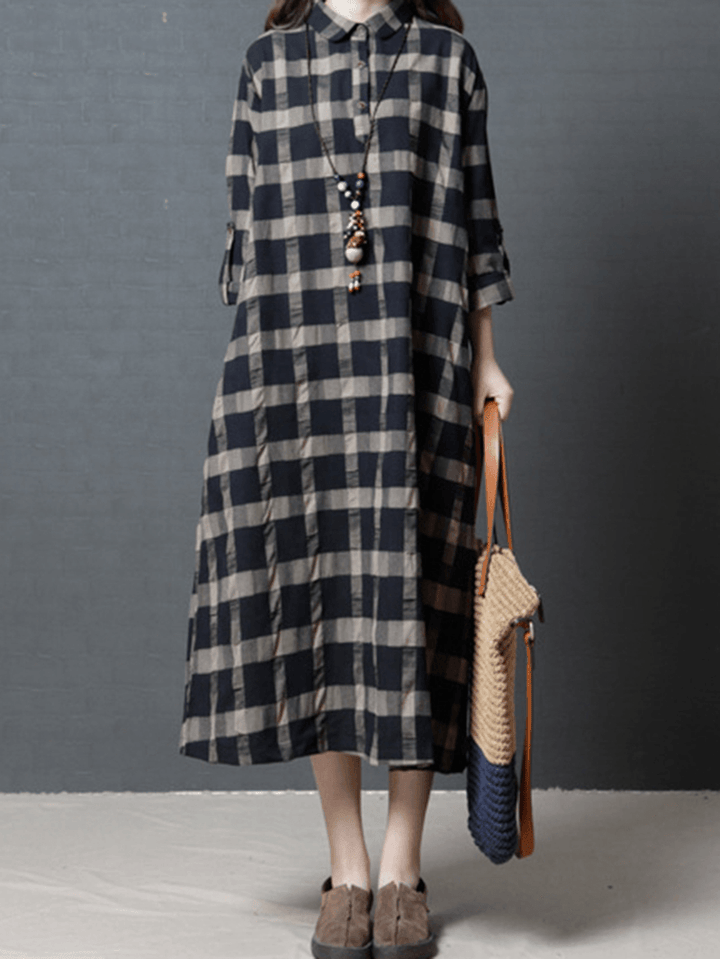 Casual Women Plaid Button Half Sleeve Dress