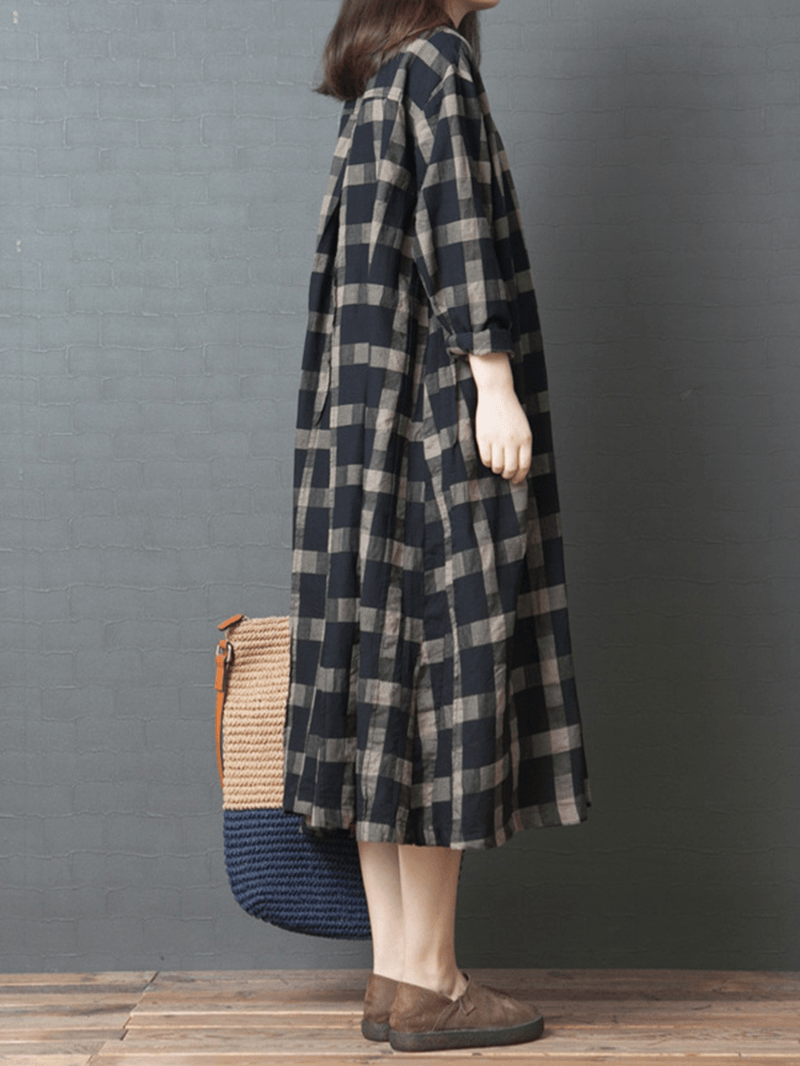 Casual Women Plaid Button Half Sleeve Dress