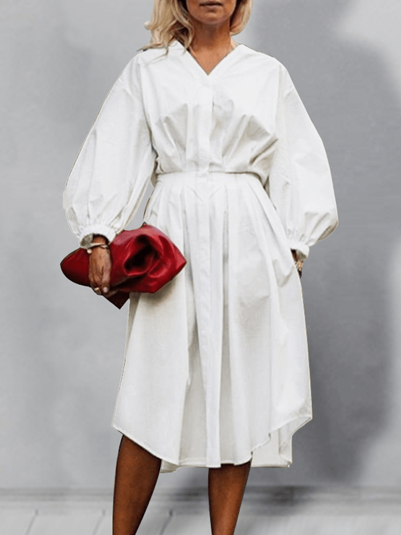 Women Solid Color Puff Sleeve Button up V-Neck Elastic Waist Simple Pleated Midi Shirt Dresses