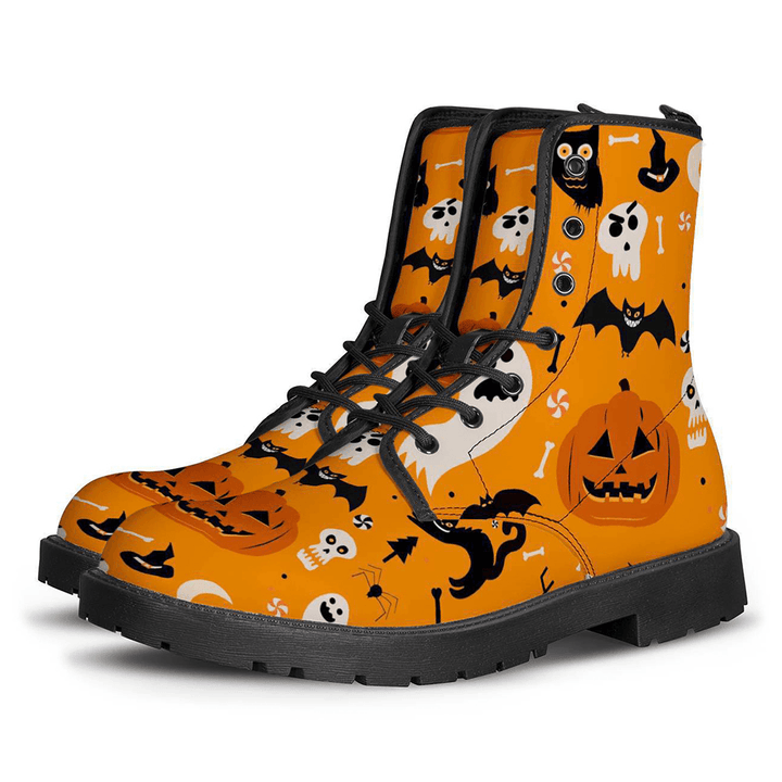 Men Leather Halloween Funny Printing Soft Sole round Toe Comfy Casual Martin Boots