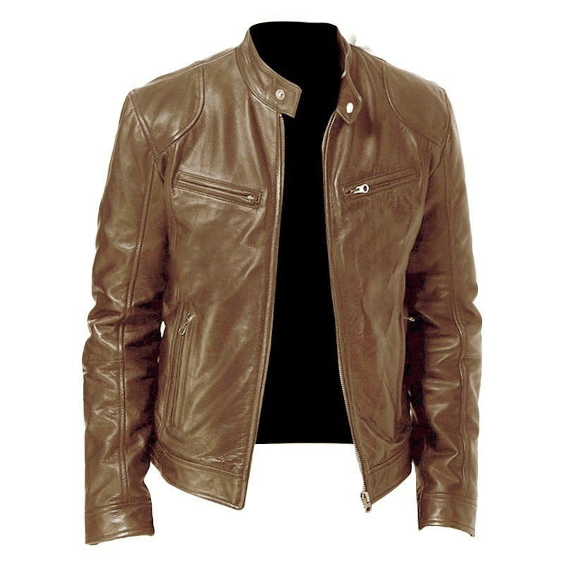 Men'S Zip Cardigan PU Leather Jacket with Stand Collar