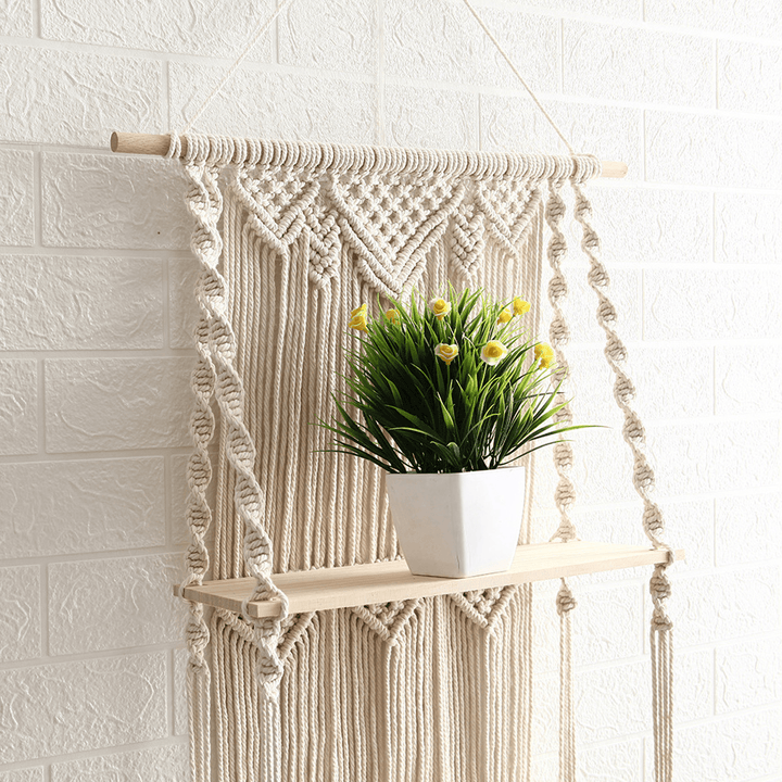 3-Tier Bohemia Macrame Woven Wood Mount Shelf Tapestry Tassel Wall Hanging Bookshelf for Home Decor