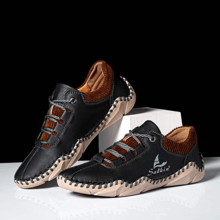 Men Microfiber Leather Splicing Breathable Hand Stitching Soft Crocodile Grain Sole Casual Shoes