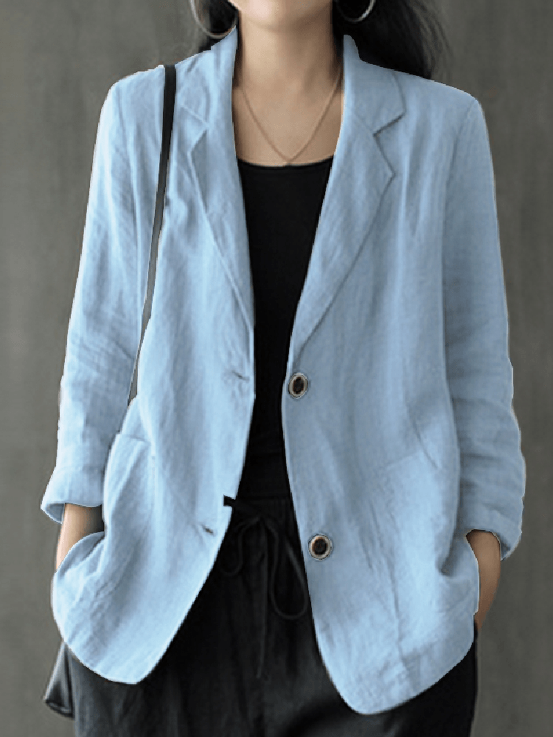 Women 100% Cotton Solid Color Button Front Business Thin All-Match Blazer with Pocket - MRSLM