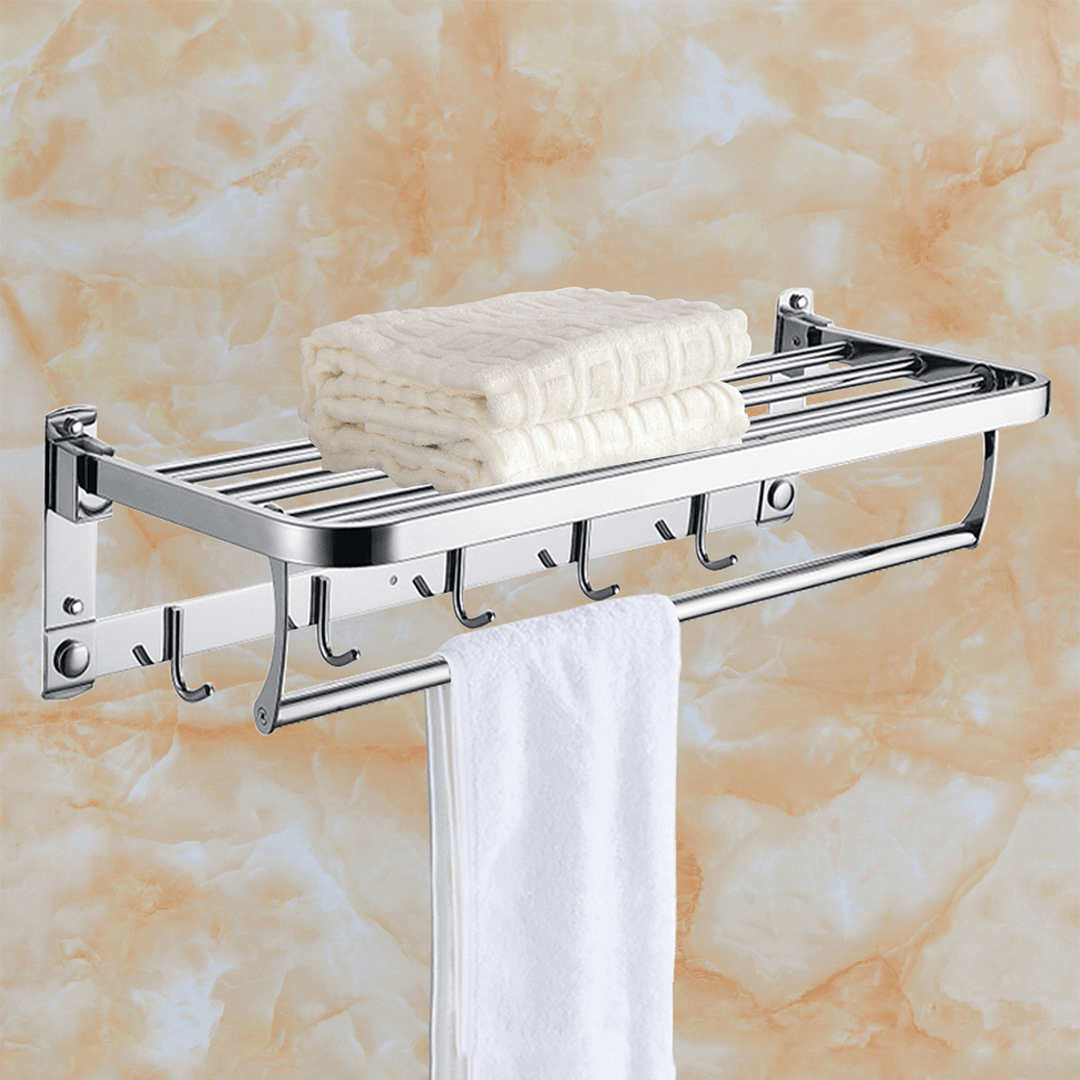 Bakeey 304 Stainless Steel Double Towel Rail Rack Shelf Wall Mounted Bathroom with 5 Hook