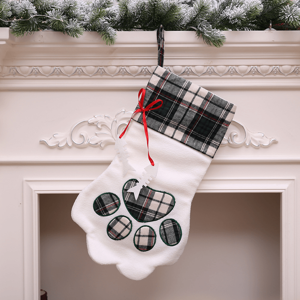 Christmas Socks Red Blue Plaid Dogs Paw Stockings Sacks Hanging New Year Kids Gifts Christmas Party Decorations