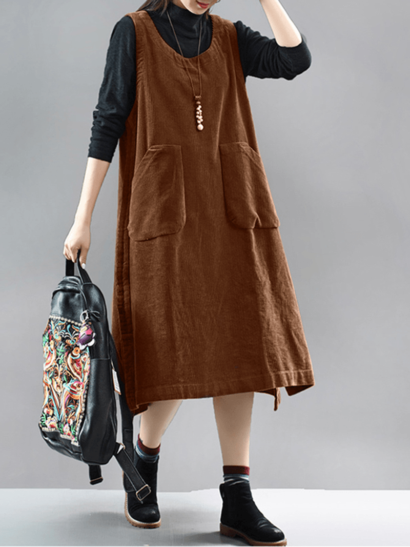 Women Solid Corduroy Sleeveless Side Pocket Knee Length Midi Dresses