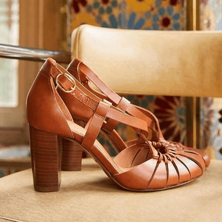 Women Cross Strap Cutout Solid Color High Heels - MRSLM