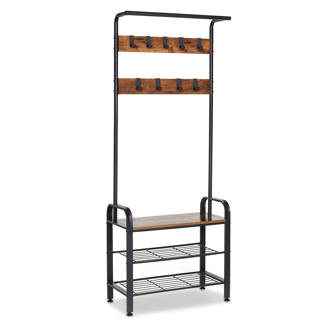 4-In-1 Coat Rack Hall Tree with Shoe Bench for Entryway Easy Assembly All in One Piece Industrial Accent Furniture with Steel Frame