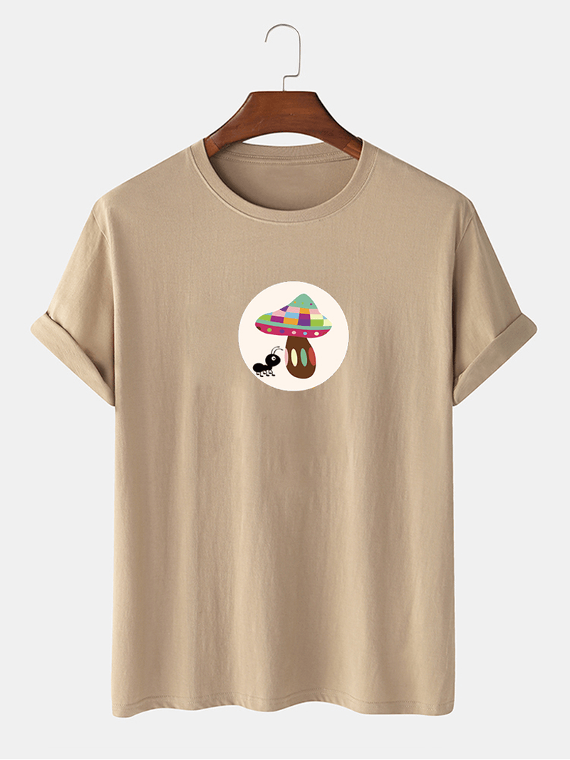 Mens Cartoon Ant Mushroom Graphic Print O-Neck 100% Cotton T-Shirt