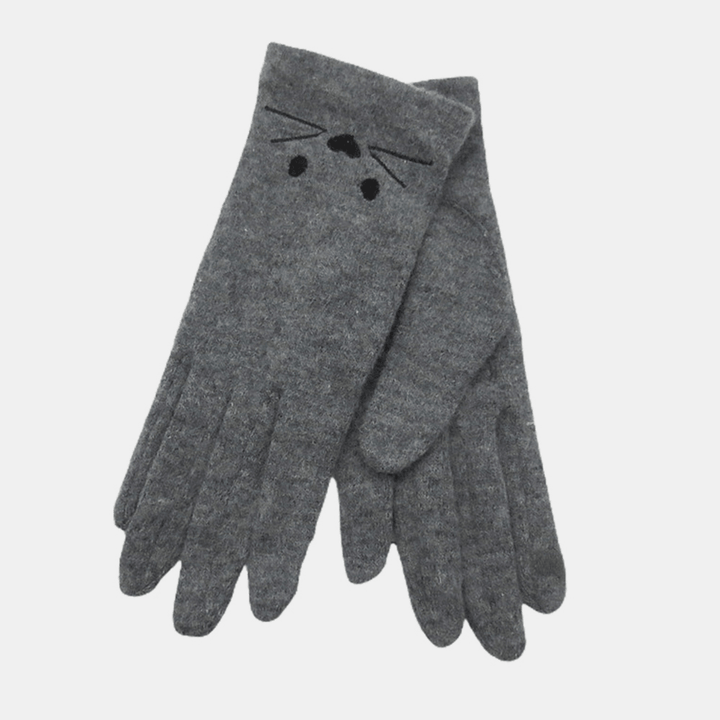 Women Wool Screen-Touchable Embroidery Cartoon Cat Pattern Keep Warm Fashion Casual Gloves - MRSLM