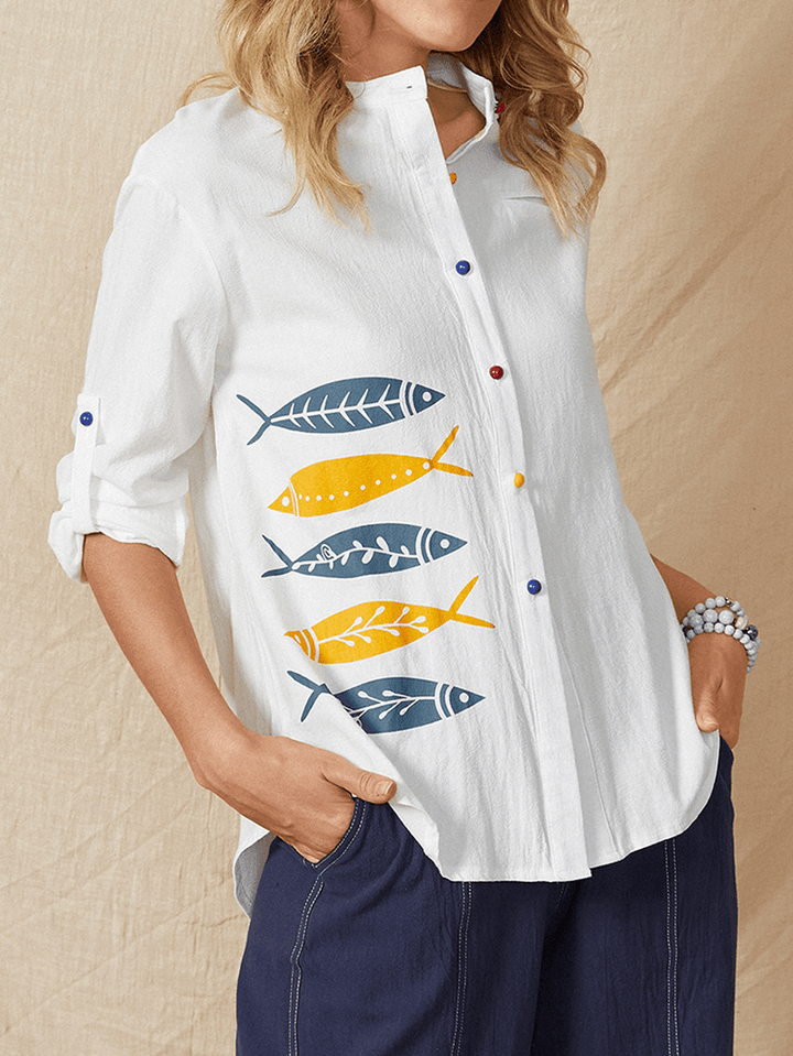 Cartoon Fish Print Button Stand Collar Long Sleeve Casual Blouse for Women