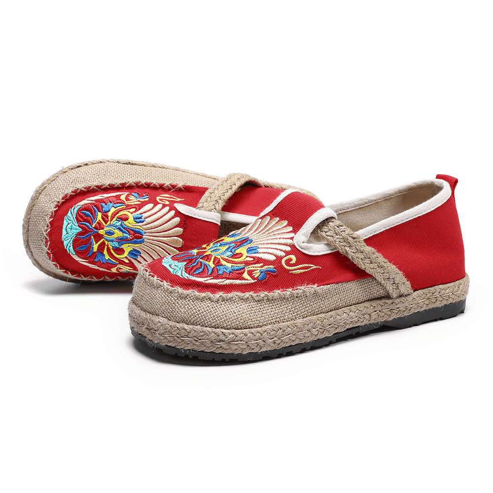 Women Linen Comfy Embroidery Straw Slip on Flat Loafers