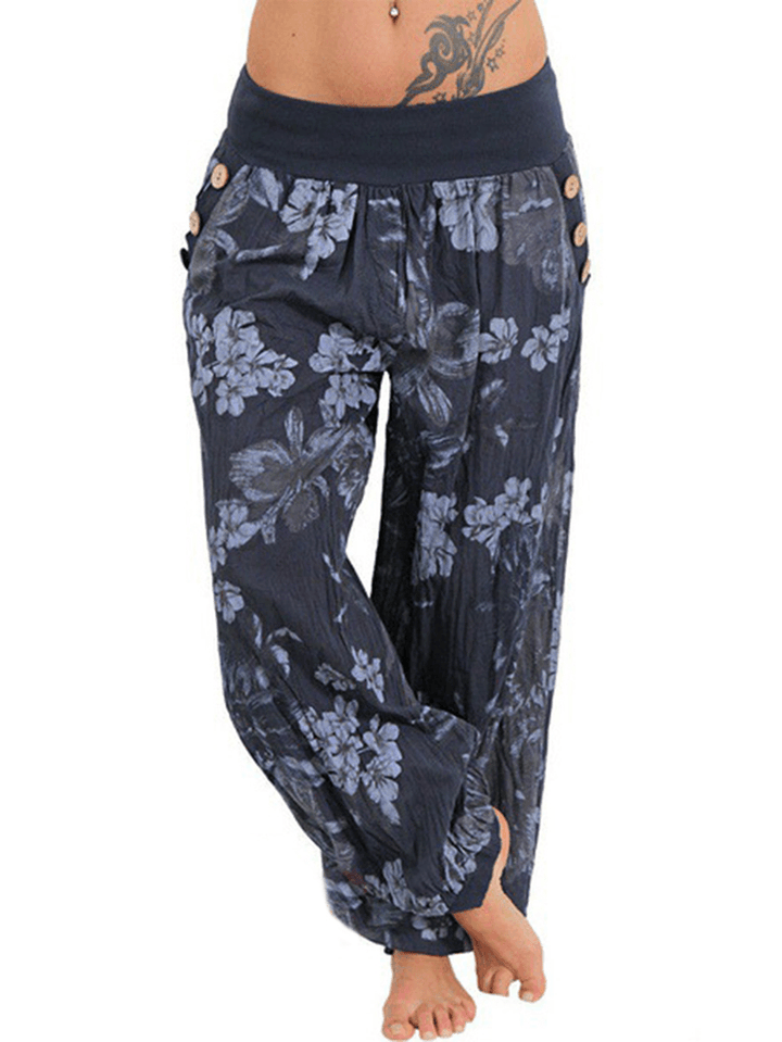 Women Casual Loose Floral Print Button Full Length Pants