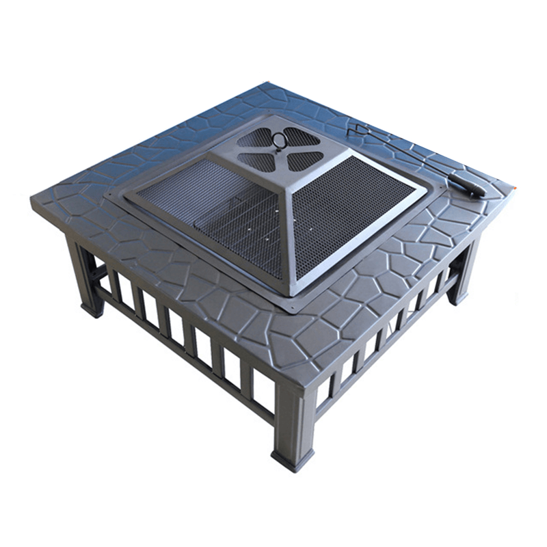 Outdoor Portable 32'' Metal Fire Pits Camping BBQ Square Table Backyard Patio Garden Stove Wood Burning Fireplace