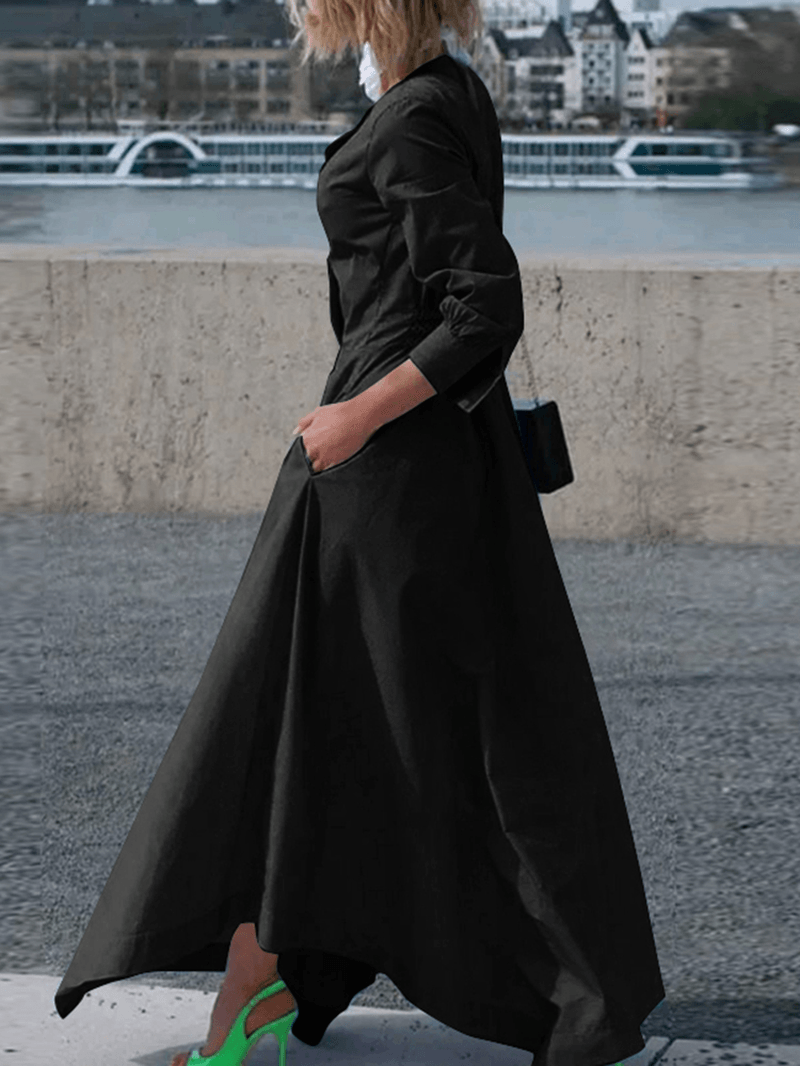 Solid Color V-Neck Back Zipper Long Sleeve Pleating Maxi Shirt Dress