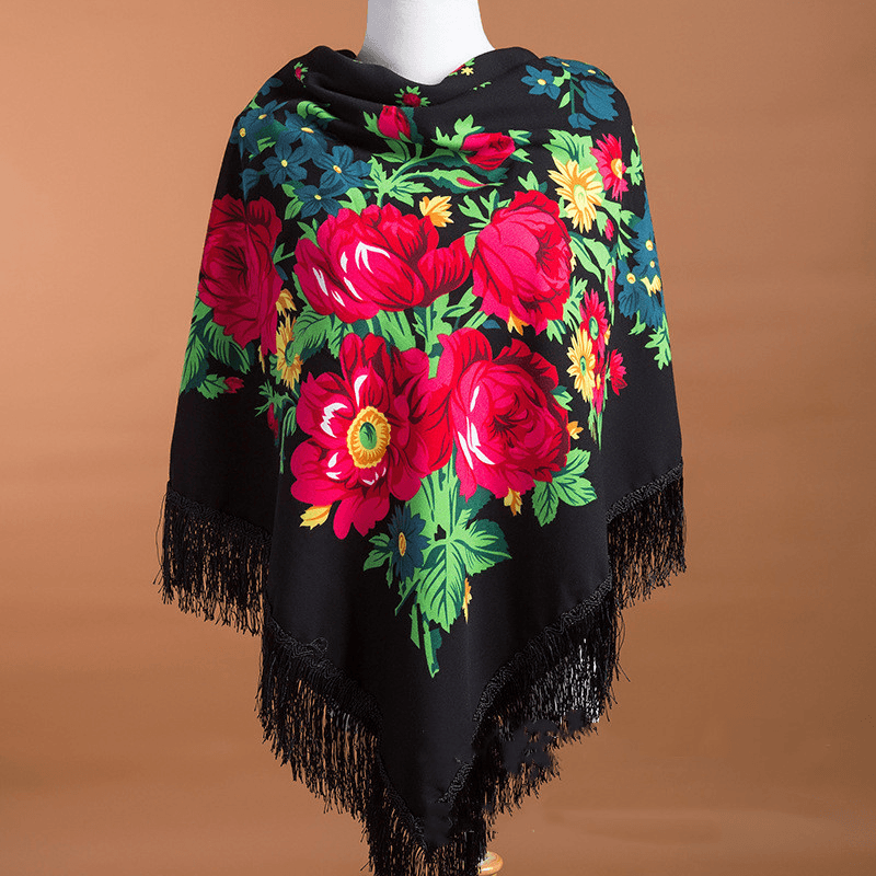 Large Square Scarf Shawl with Ethnic Print Tassels to Keep Warm