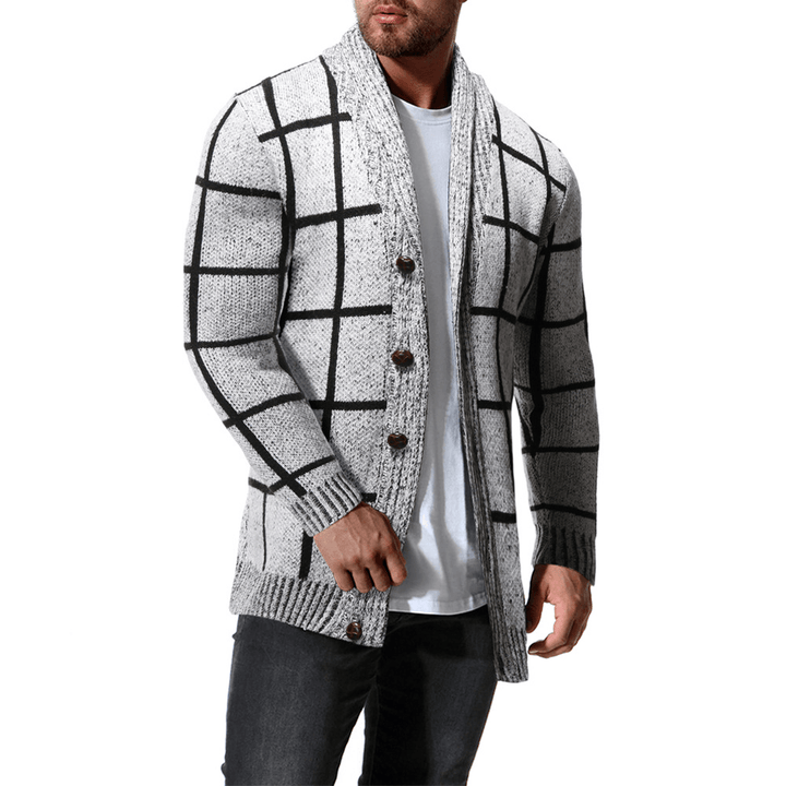 Men'S Winter Color Matching Plaid Cardigan Sweater