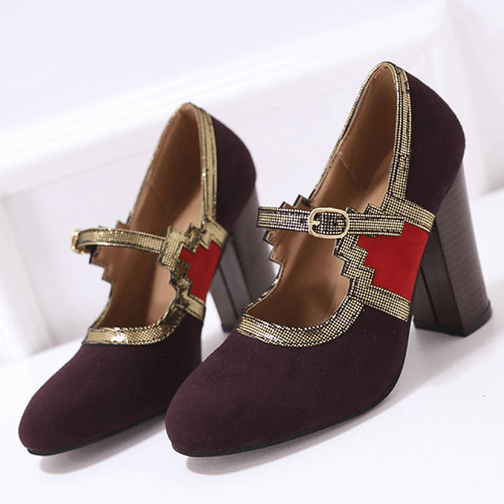 Women plus Size Stitching Chunky Heel Pumps