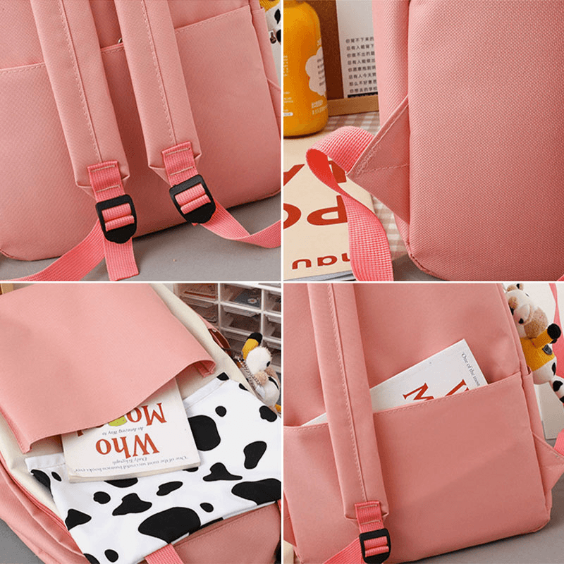 5 PCS Canvas Preppy Cow Pattern Multifunction Combination Bag Backpack Tote Crossbody Bag Clutch Wallet