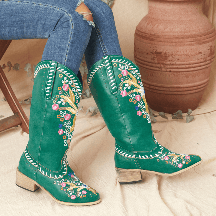 Women Leather Retro Floral Printing Wearable Comfy Slip on Chunky Heel Mid-Calf Cowboy Boots