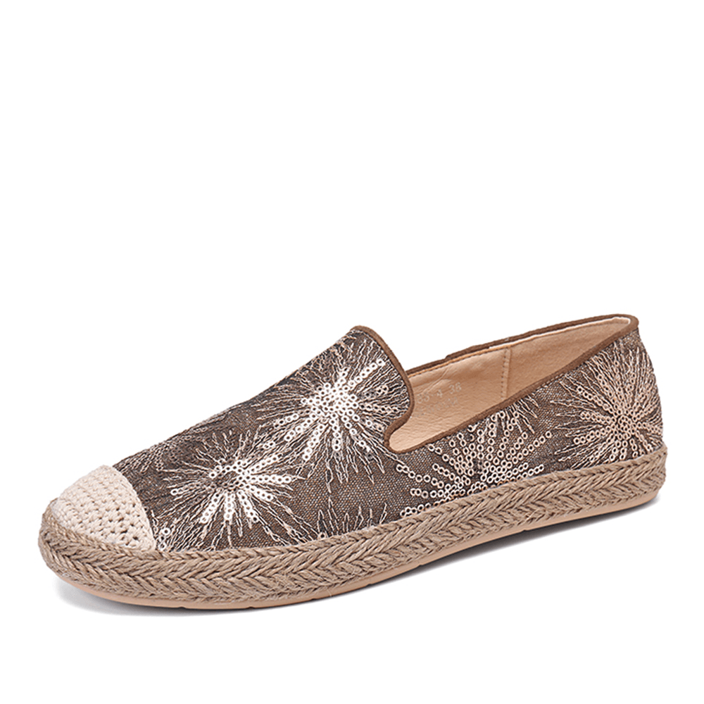 Women Casual Sequined Flowers Pattern Espadrille Flats Loafers - MRSLM