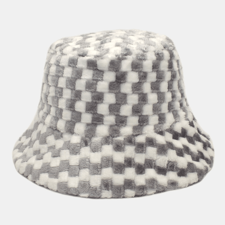 Unisex Lattice Jacquard Plush Warmth Bucket Hat Outdoor Casual Thicken Cool Protection Faux Rabbit Fur Hat - MRSLM