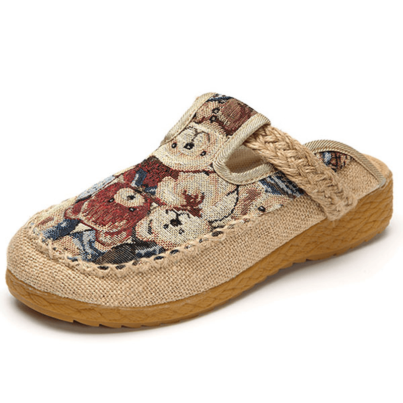 Women Flats Cartoon Flax Outdoor Embroidery Slipper - MRSLM