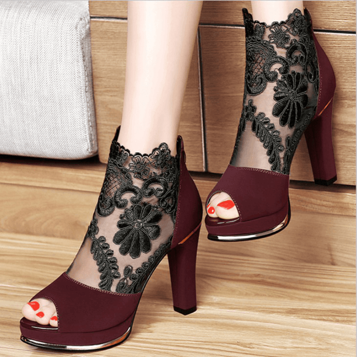 Women Black Mesh Lace Peep Toe High Heel Pumps