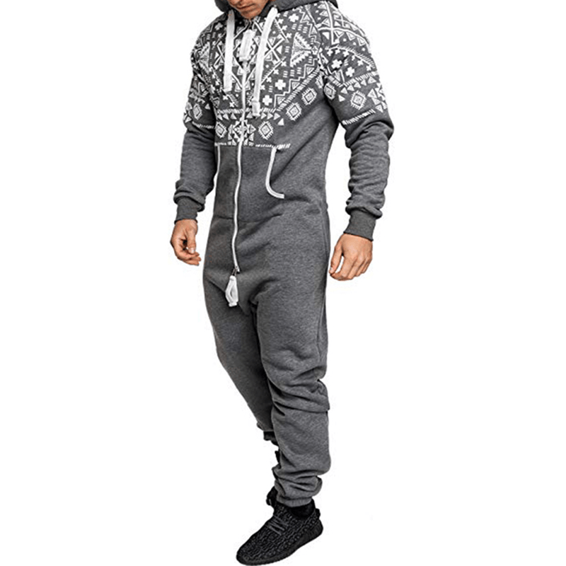 Mens Casual Hooded Loungewear Pure Color Siamese Jumpsuit