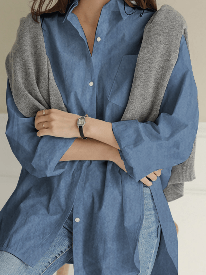 Women's Solid Color Denim Shirt with Irregular Hem and Chest Pocket