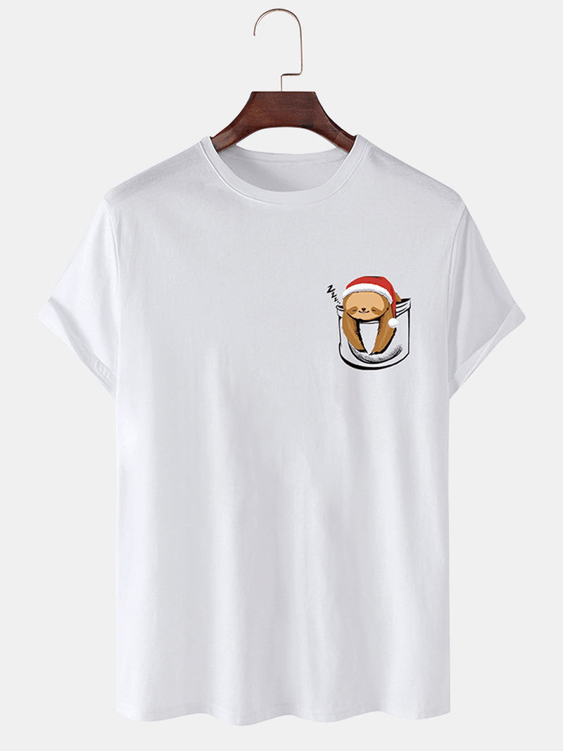 Mens 100% Cotton Christmas Bear O-Neck Solid Color Thin T-Shirt