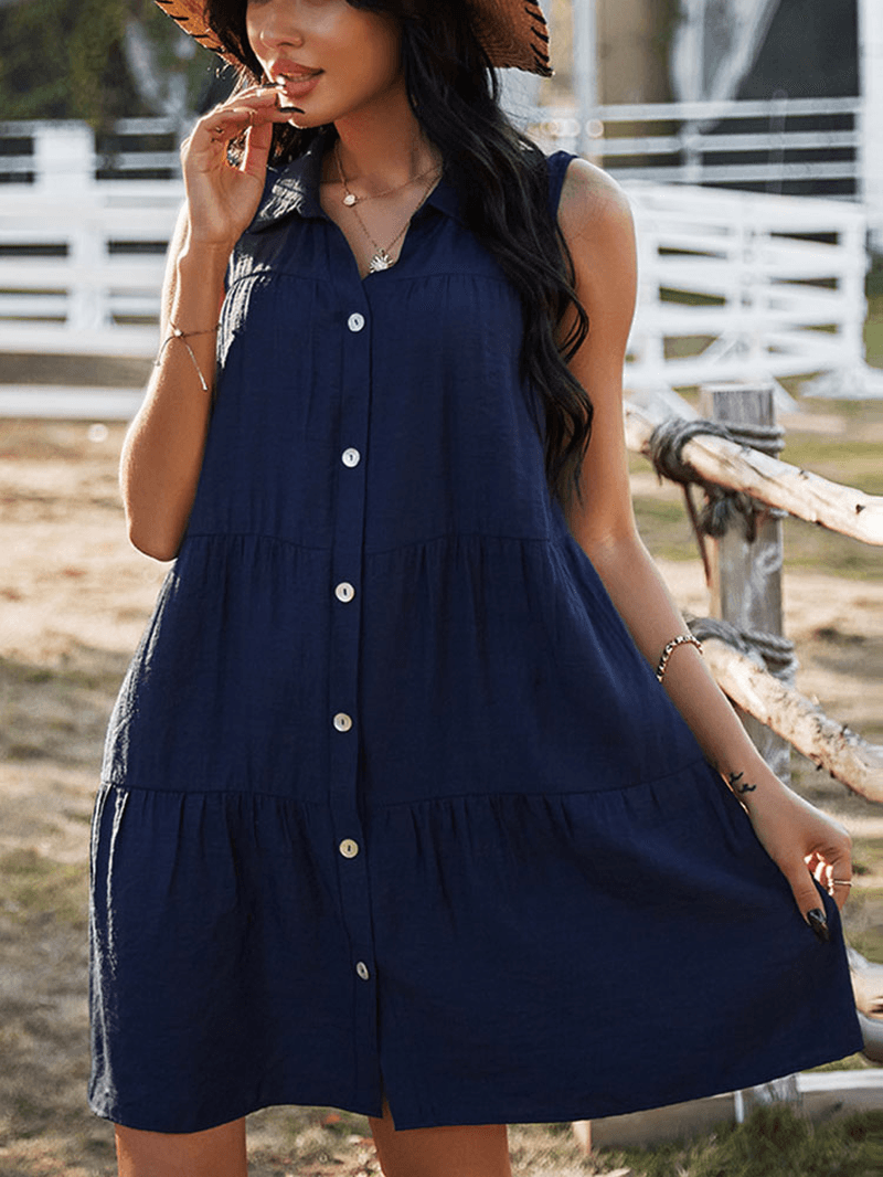 Solid Color Lapel Sleeveless Button Loose Casual Dress for Women