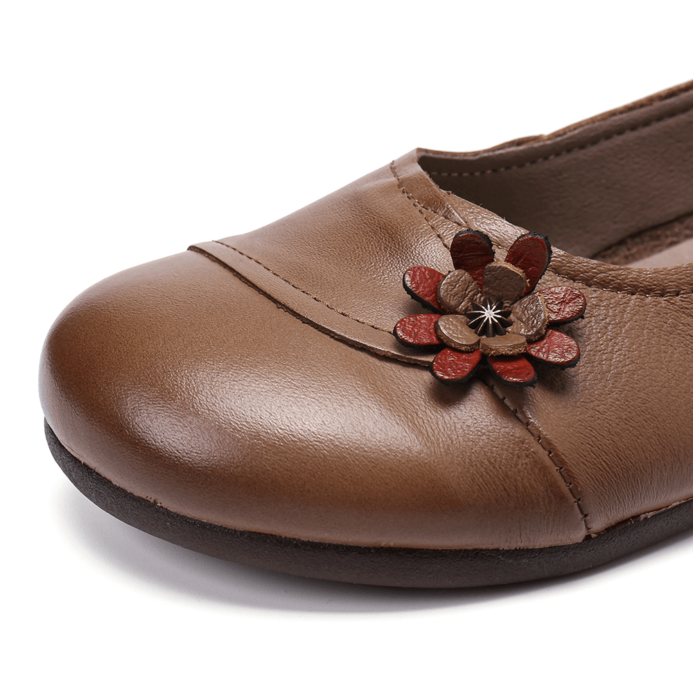 Women'S Leather Flowers Slip on Flats Loafers Shoes