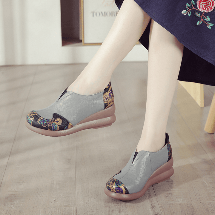 Women Retro Ethnic Floral Pattern Splicing Lightweight Slip Resistant Wedges - MRSLM