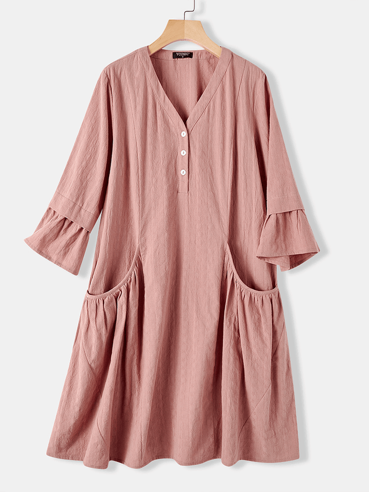 Casual Solid Color Cotton Half Bell Sleeve V-Neck Button Dress with Pocket - MRSLM