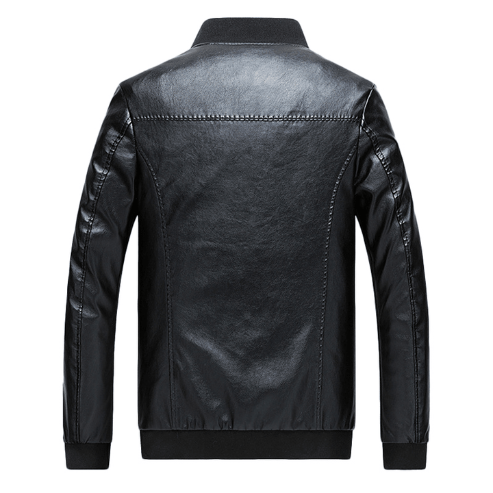 Mens Slim Baseball Collar Solid Color Faux Leather Jacket