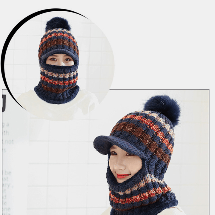 Women Wool One-Piece plus Velvet Thicken Warm Windproof Neck Face Protection Riding Knitted Hat Baseball Hat