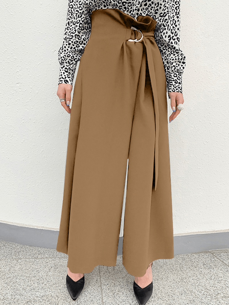 Women Solid Pleats Spliced Wide-Legged Floor Maxi Length Casual Pants - MRSLM